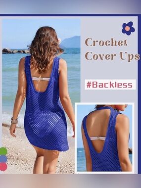 Backless Crochet Swim Cover-Up Dress — Royal Blue Size L
